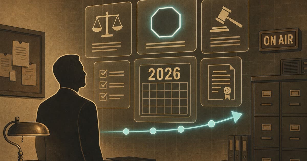 Executive facing floating 2026 regulatory panels with an FCC octagon and a calendar