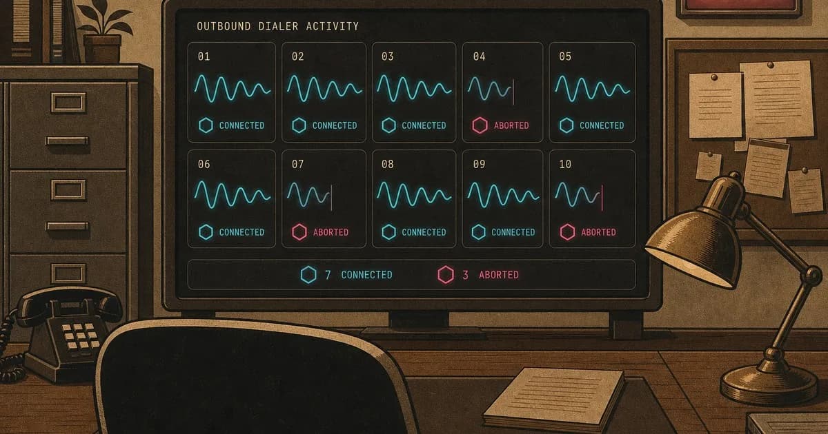 Agent watching a dialer dashboard where several outbound calls cut off mid-ring