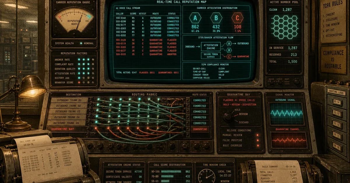 Telecom console showing AI-call attestation cells with coral-flagged numbers routed to quarantine