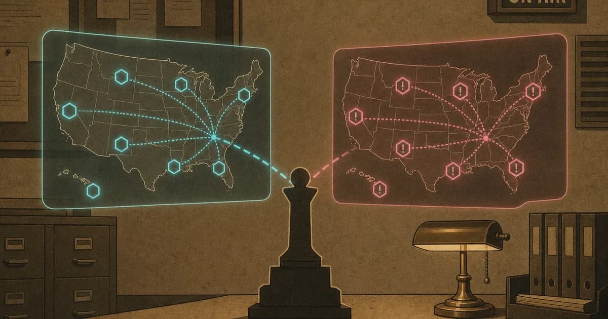 Two US maps contrasting local area-code calls with the same calls flagged as spam