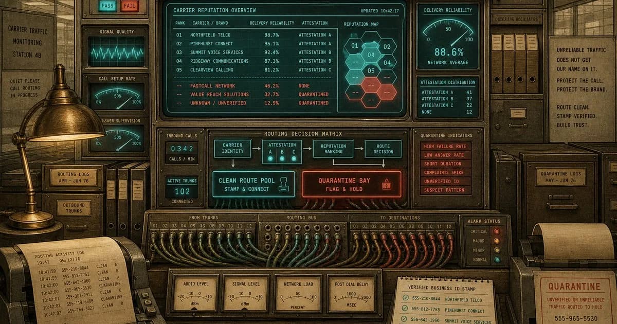 Vintage telecom console ranking branded calling providers with cyan and coral-red routes.