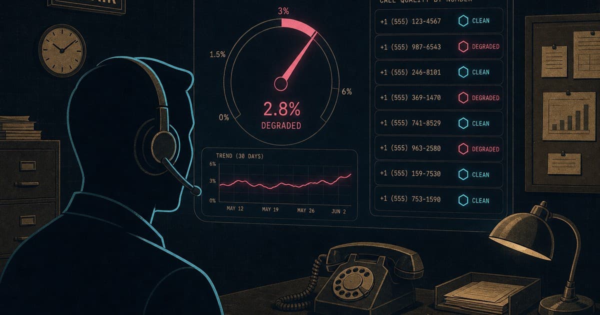 Agent in a headset watching a cyan call waveform cut off, showing abandoned-call reputation damage