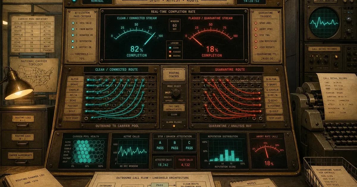 Split telecom console showing completing call routes in cyan and blocked routes in red
