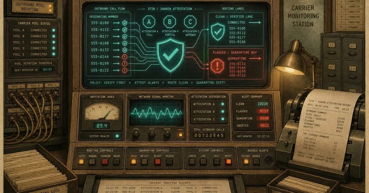 Vintage telecom console stamping a verified shield checkmark onto a clean cyan outbound route.