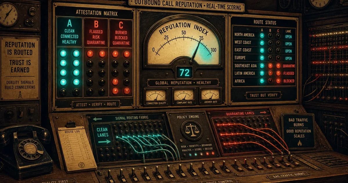 Reputation switchboard showing attestation cells with cyan clean routes and red flagged lanes
