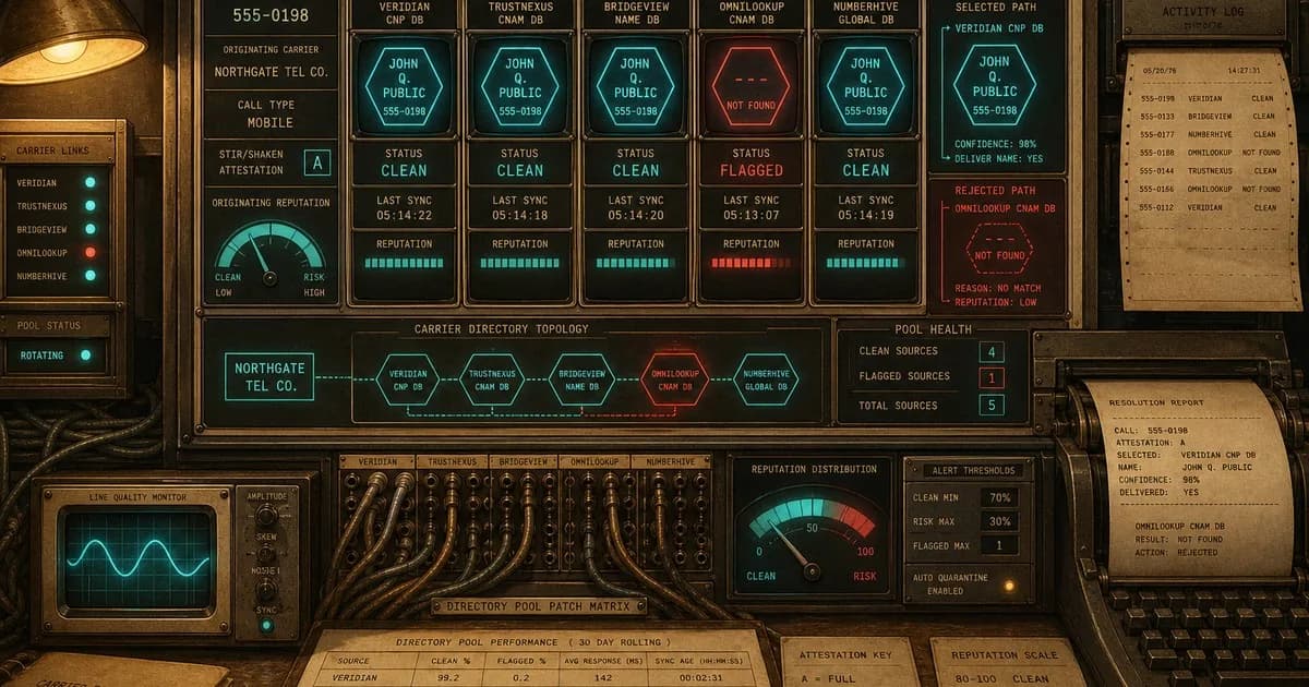 Vintage telecom console wall of caller-name ledgers, cyan clean routes, coral-red blanks.