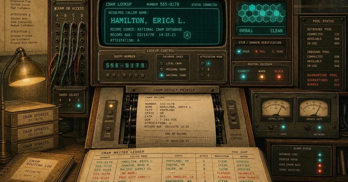 Vintage telecom console with a caller-name ledger, cyan clean entries, and coral-red blank records.