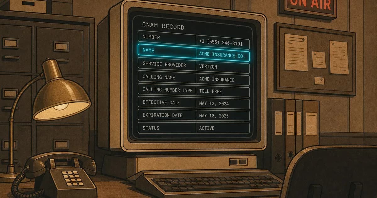 Registrar at a HUD writing CNAM record fields, one row pulsing cyan