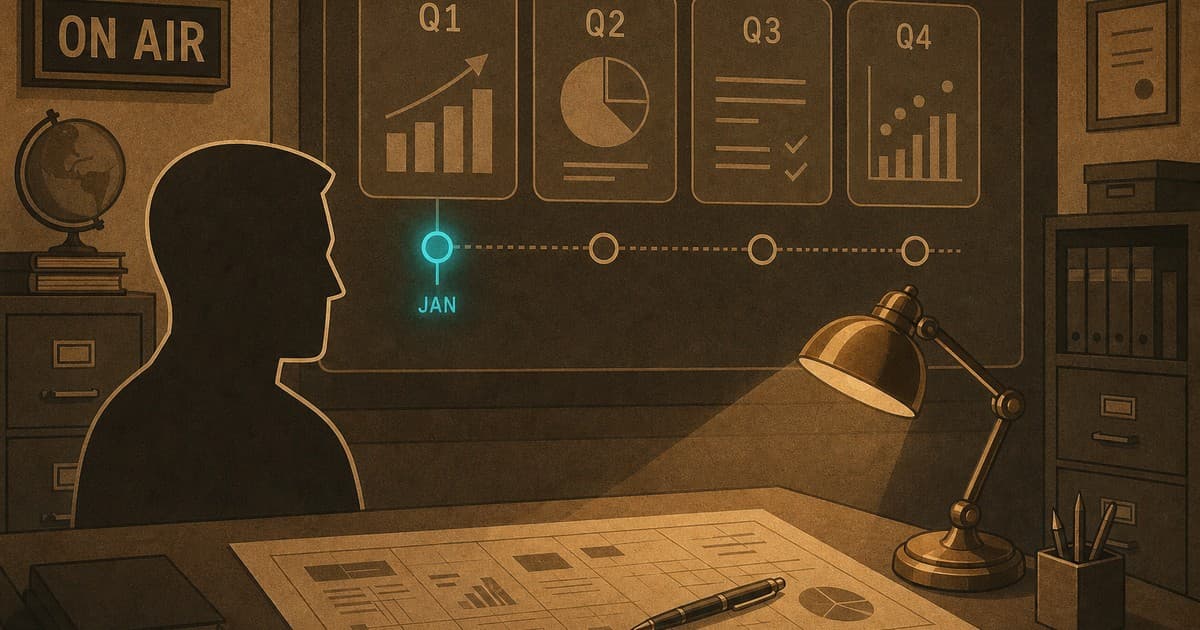 Executive at a planning table, Q1 to Q4 panels with a January milestone glowing cyan