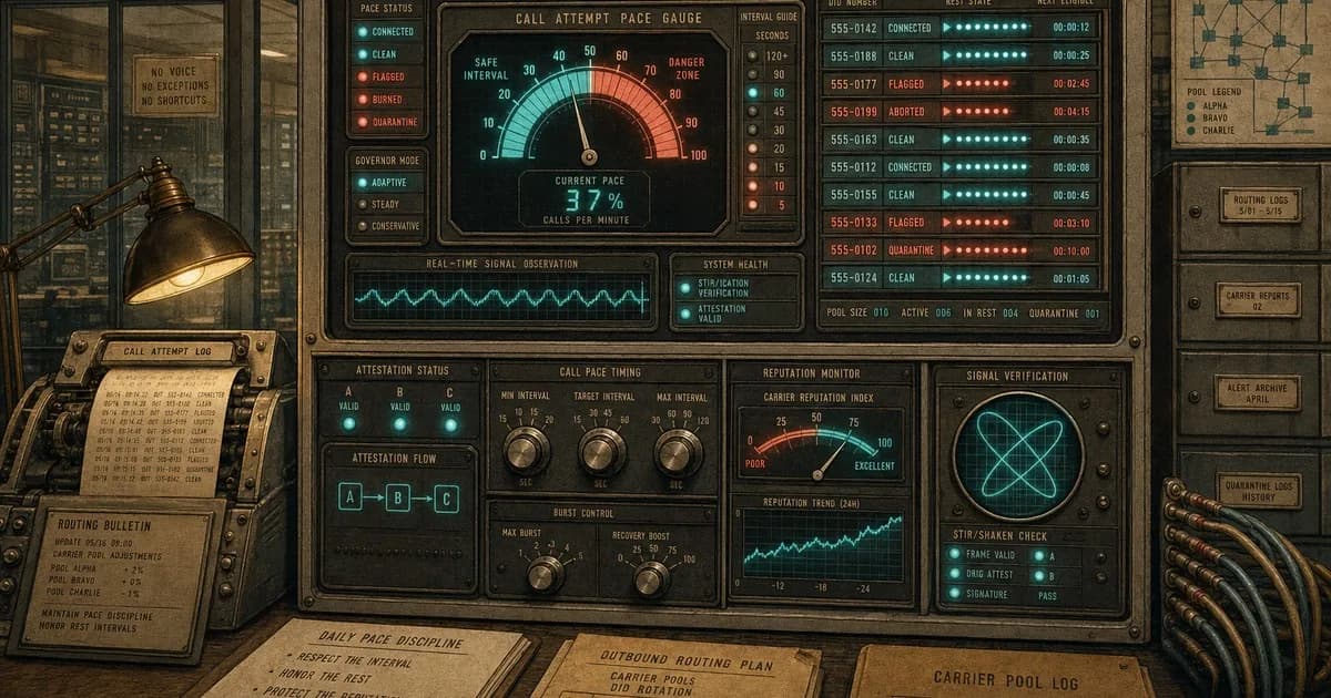 Vintage telecom console with cyan safe zones and coral-red danger zones on a call-pacing gauge.