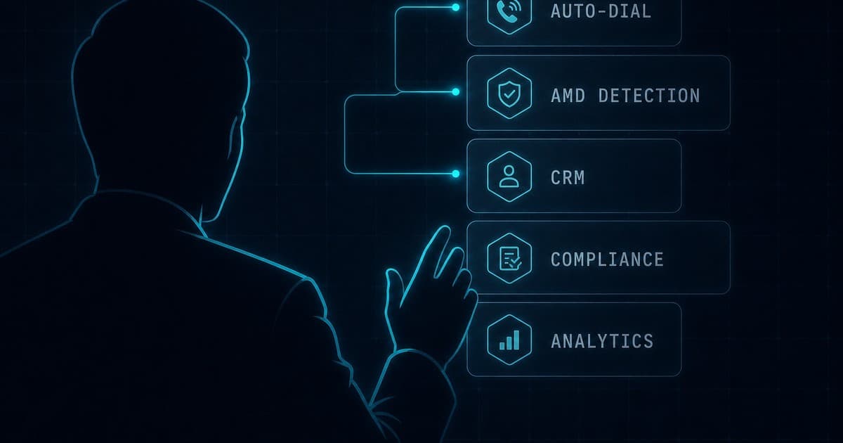 Operations leader reaching toward floating LineShield panels for the 2026 dialer stack