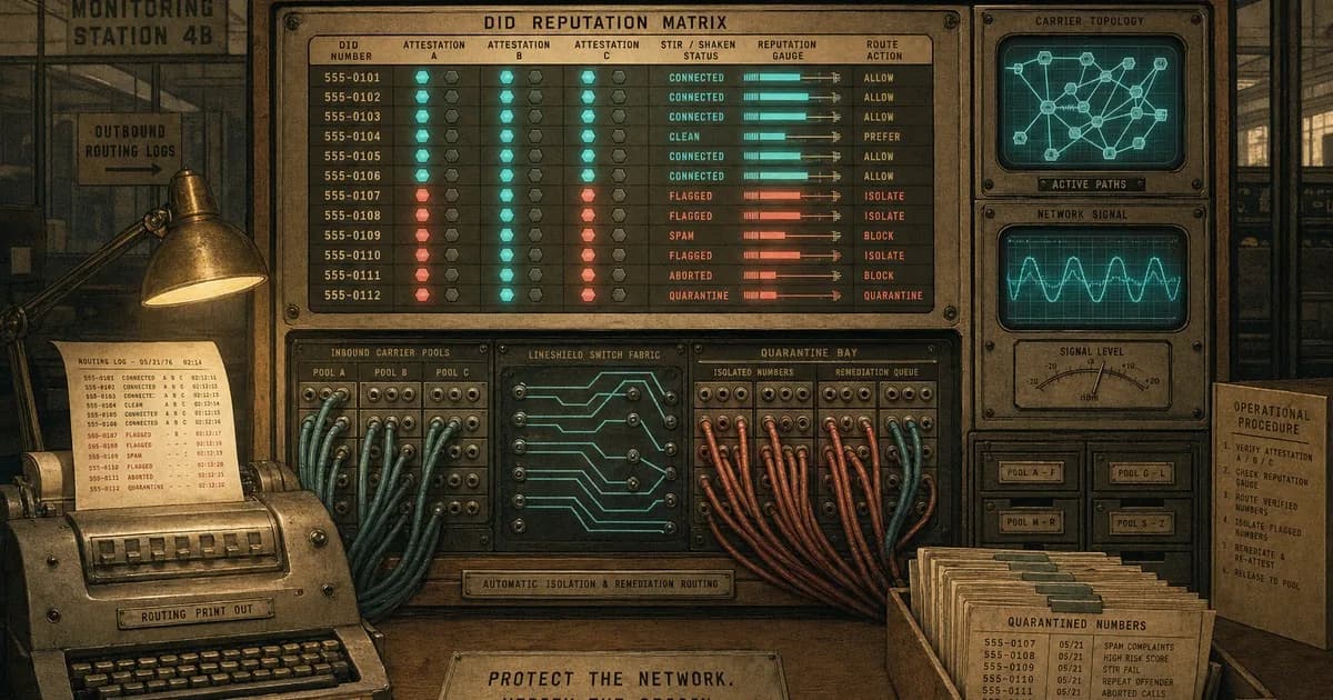 Vintage telecom console with cyan clean-number indicators and coral-red flagged-number lights.