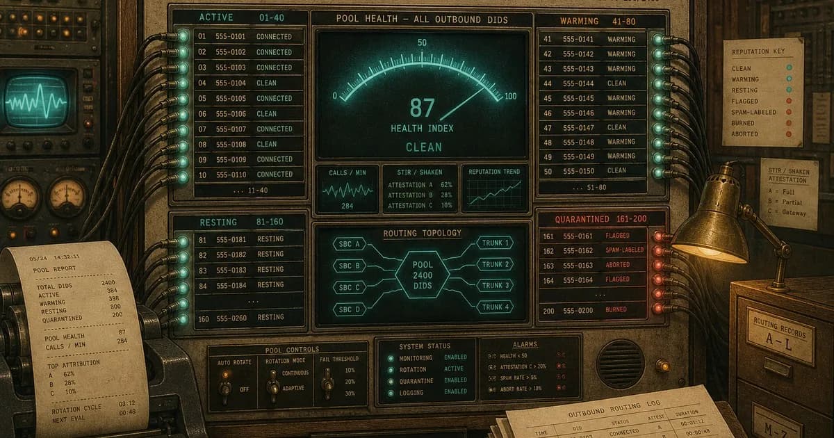 Vintage telecom console with DID health bays, cyan clean routes, coral-red flagged numbers.