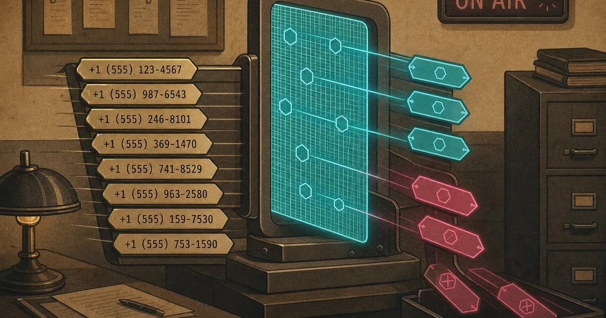 Phone-number tokens flowing through a cyan filter, rejected entries veering off in magenta