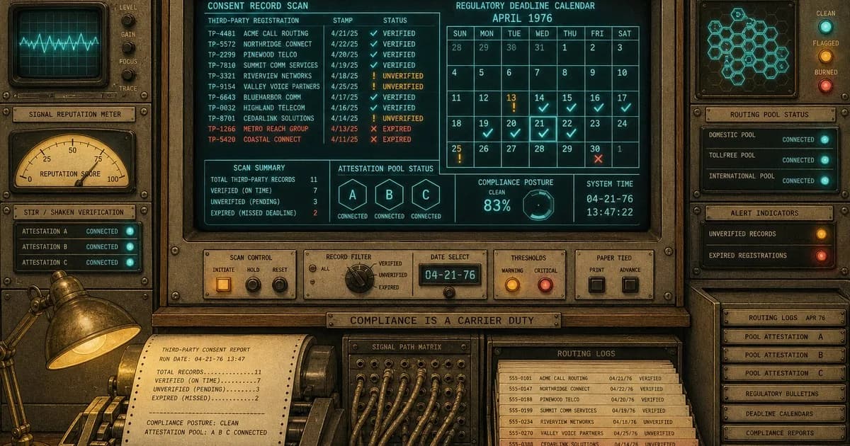 Vintage telecom console with consent verification grid and amber warning indicators.