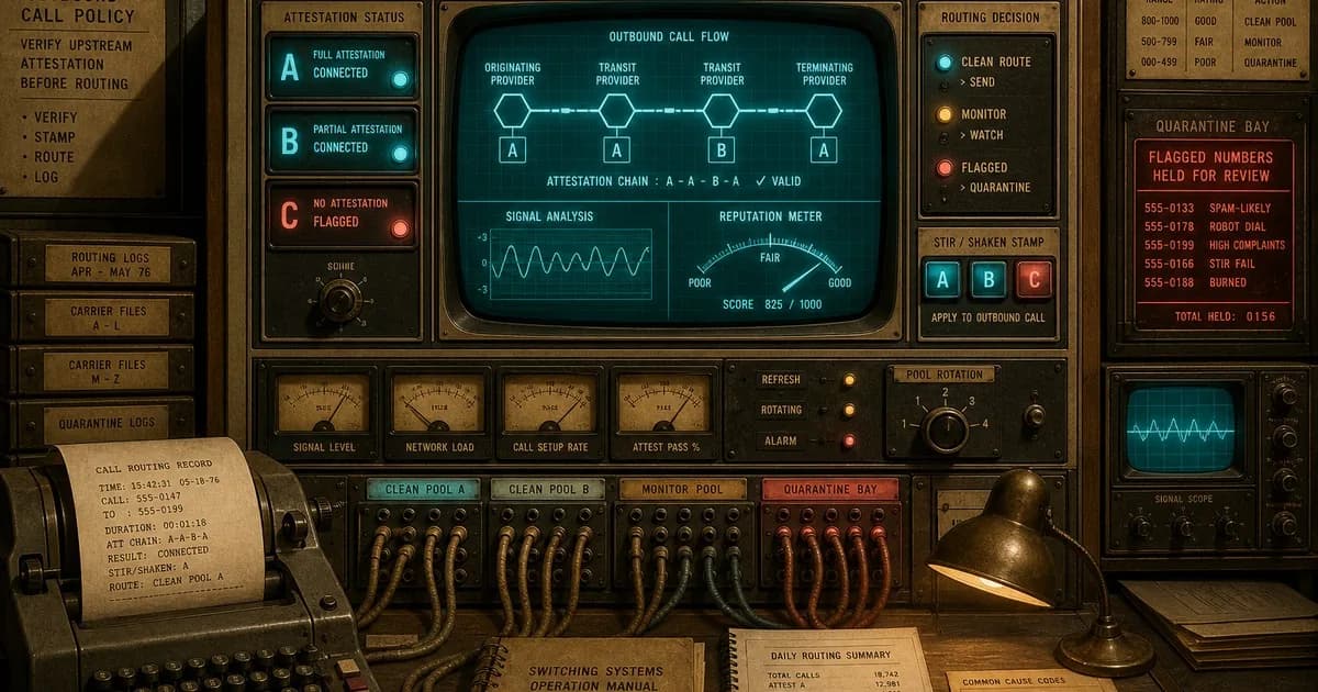 Vintage telecom console showing attestation routes with cyan A-level and coral-red flagged paths.