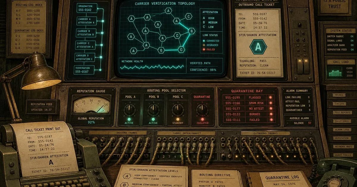 Vintage telecom console with upstream verification chains and coral-red quarantine bay indicators.