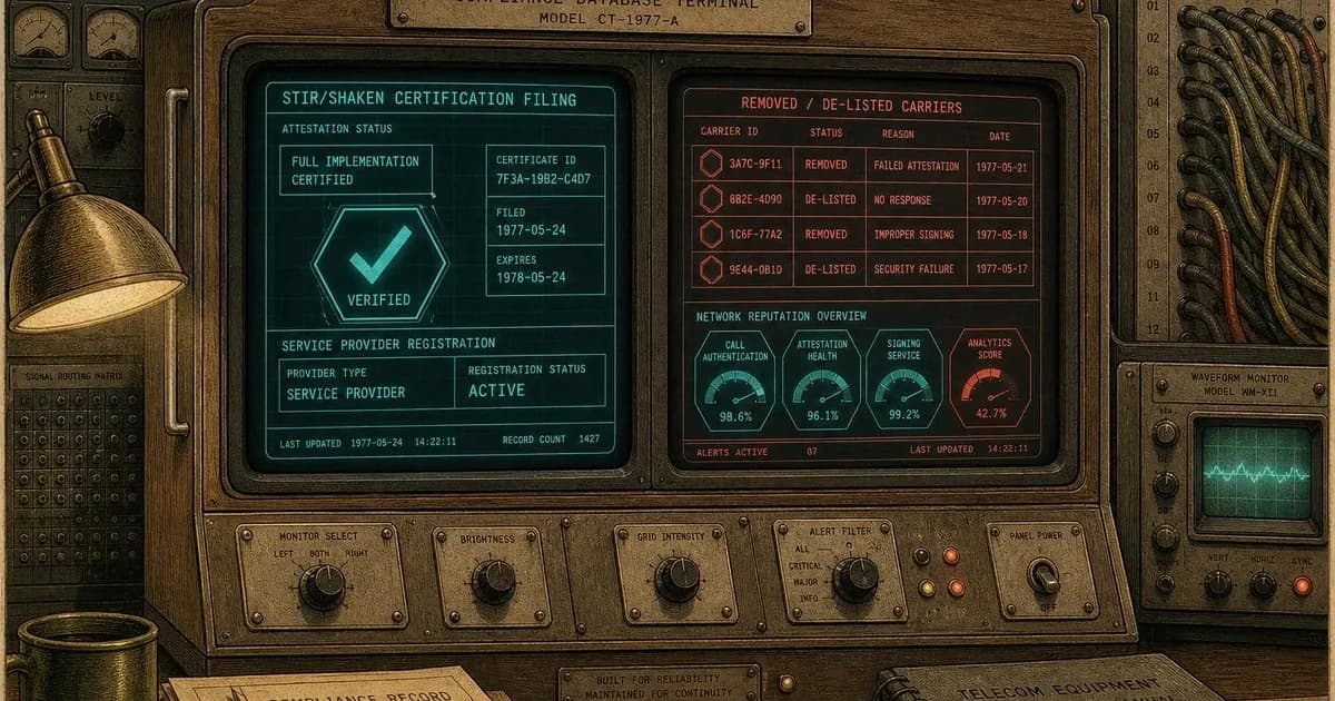 Telecom console with a green STIR/SHAKEN checkmark and coral-red flags for removed providers