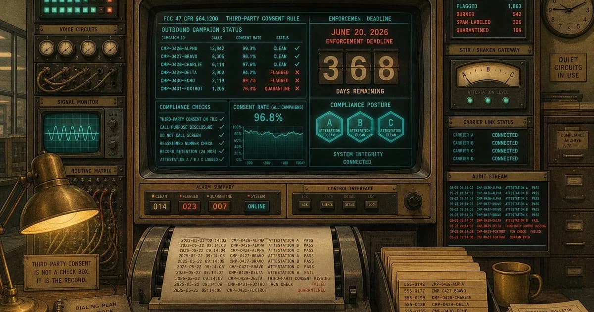 Vintage compliance console with vacatur-stamped documents and 2026 enforcement countdown.