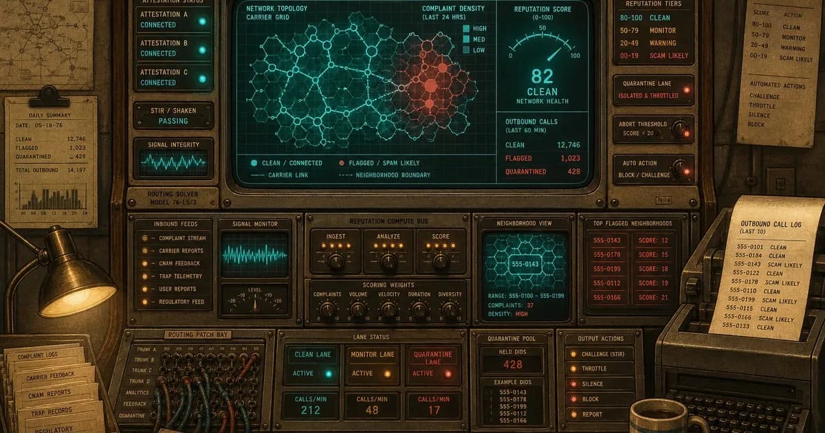 Vintage telecom console scoring calls, coral-red flagged numbers routed to a quarantine bay.