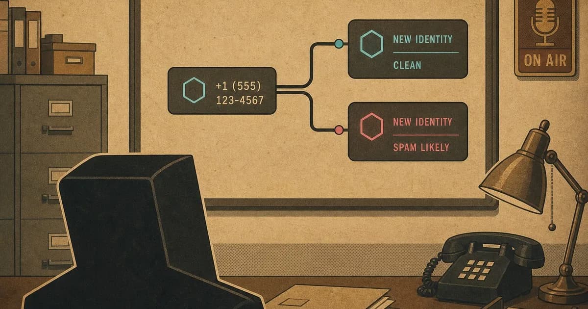 Analyst watching a phone-number tile split into two identities, cyan and magenta