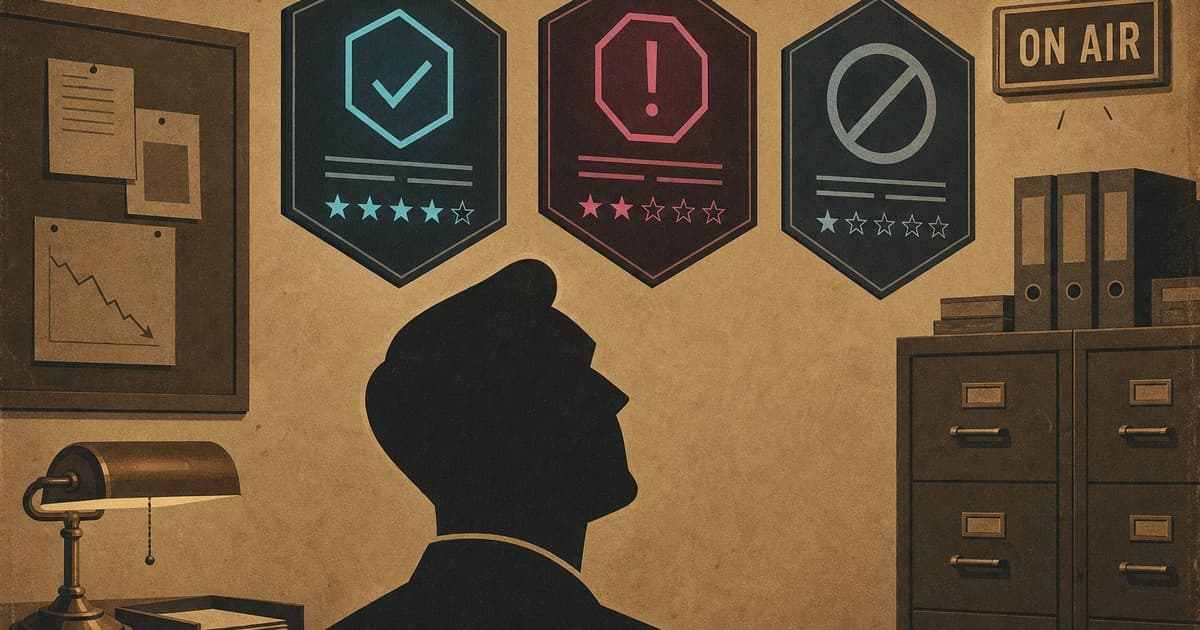 Agent looking up at three floating reputation-vendor panels in different status colors
