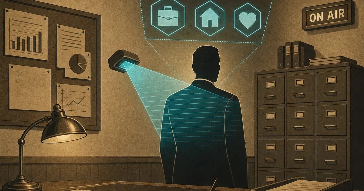 Executive scanned by a floating cyan classification beam, category labels projected above