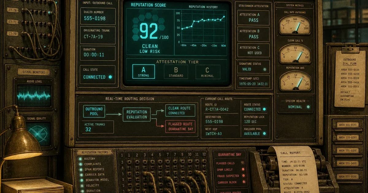 Retro telecom console scoring calls, stamping attestation tiers, flagged numbers to quarantine.
