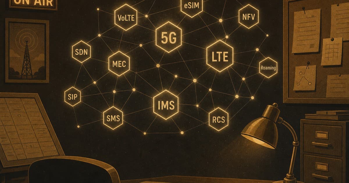 Analyst studying a constellation of glowing telecom-acronym tokens in a 3D web