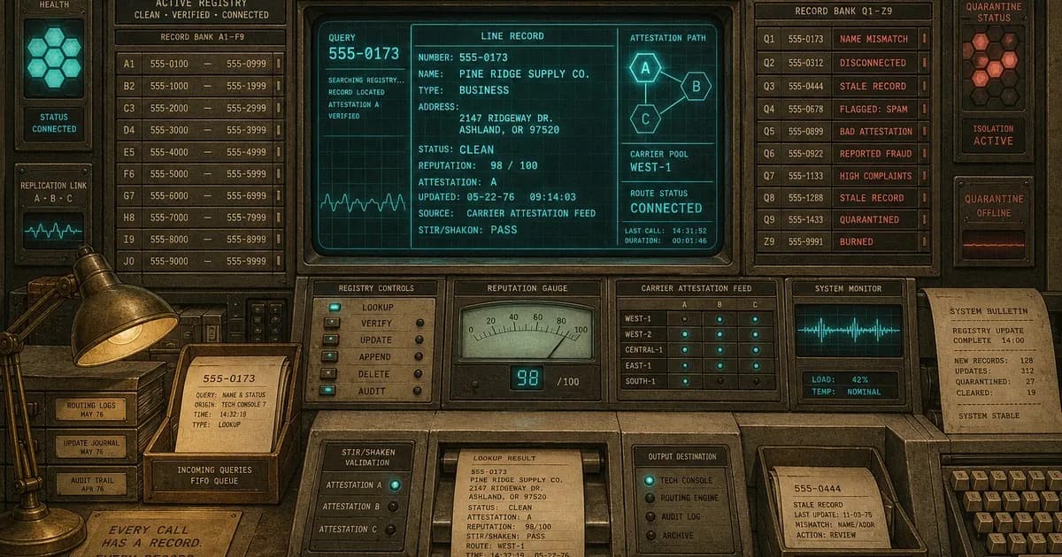 Vintage telecom console dipping a number record into a line directory, cyan clean routes.