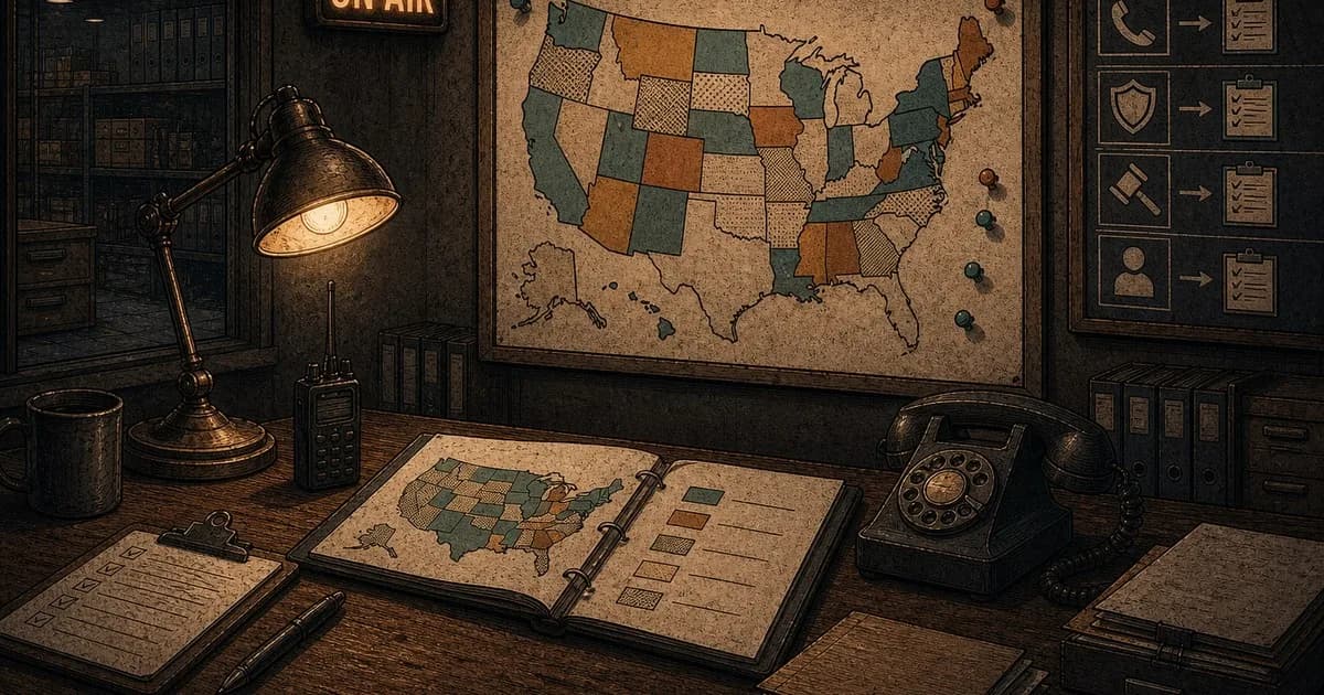 Cyan regulation overlays across U.S. state zones around a glowing phone handset