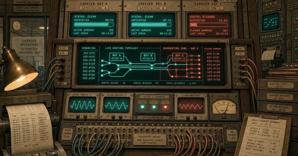 Retro telecom console, three carrier bays, cyan routes and coral flagged quarantine.