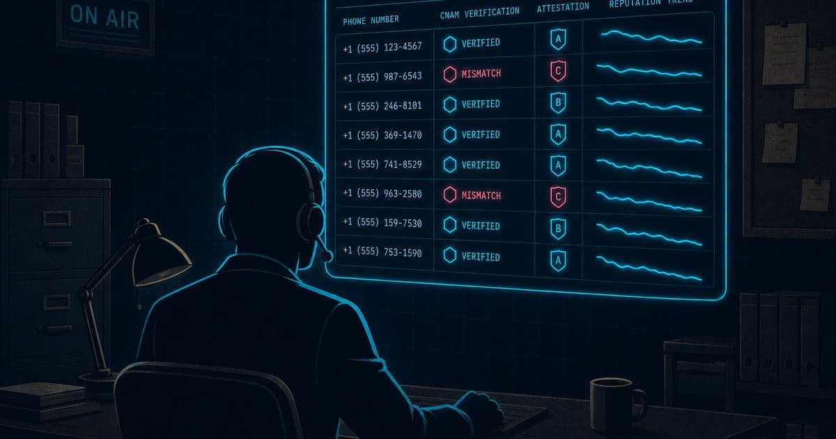 Agent reviewing a curved LineShield dashboard wall of phone-number health tiles