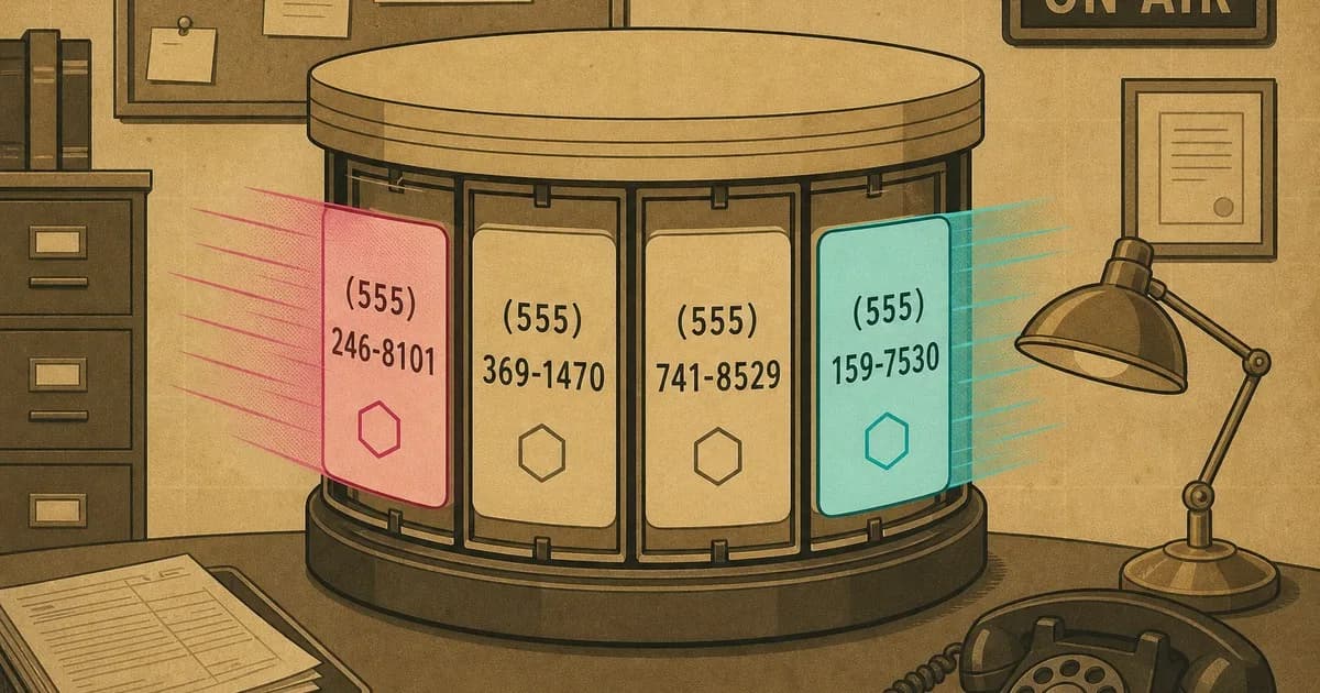 Carousel of phone-number tiles, one fading magenta as a cyan tile rotates in