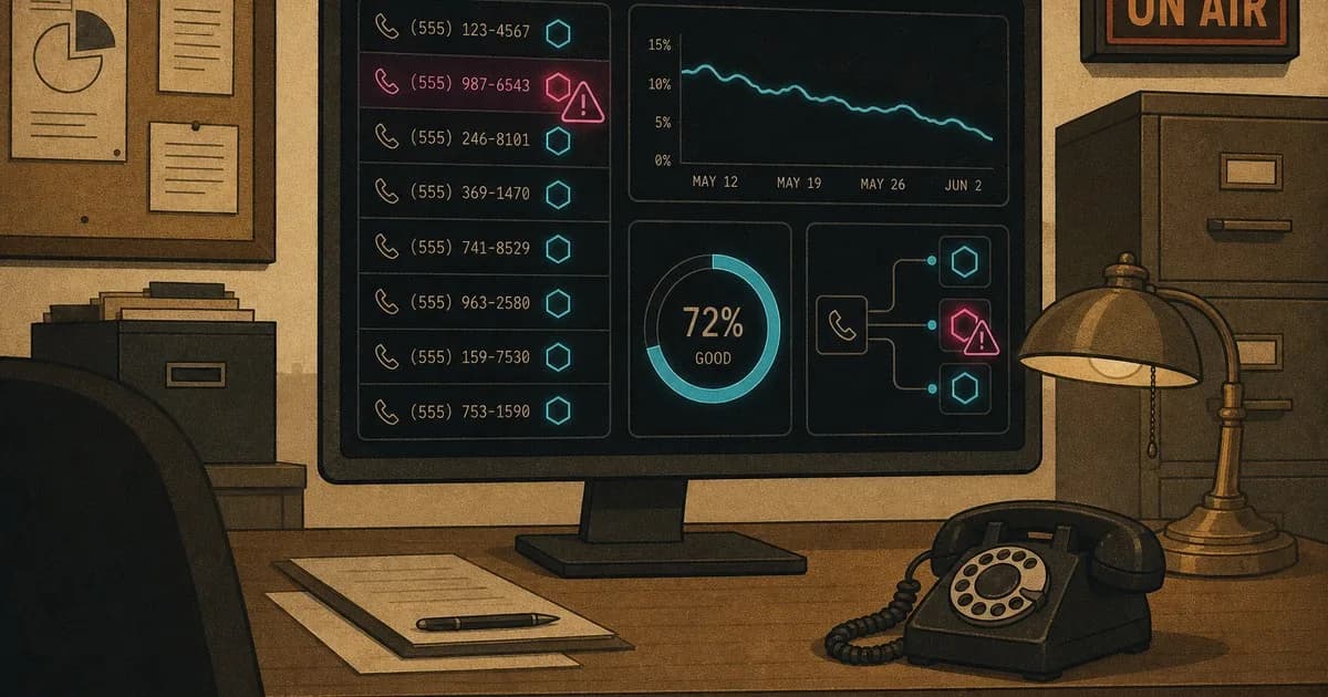 Agent dashboard where one phone tile pulses magenta with a SCAM-style glyph among cyan tiles