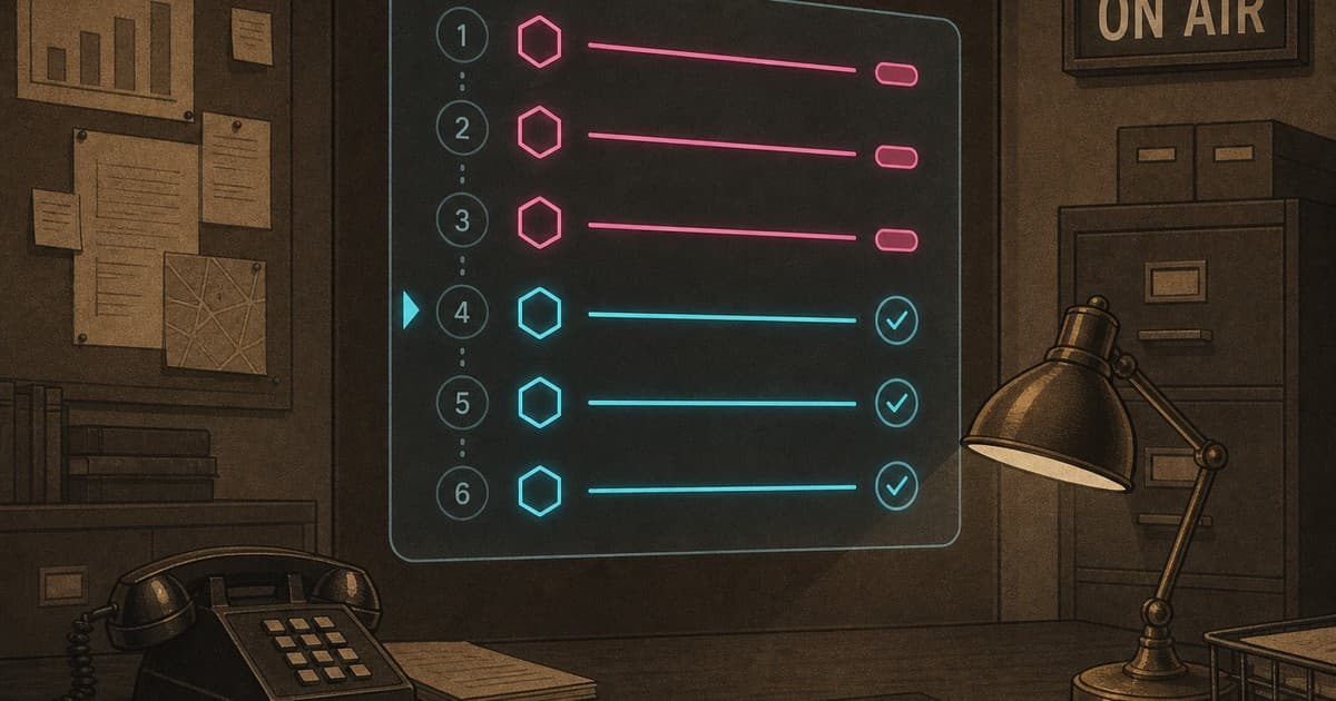 Operator working a step-checklist HUD as magenta tiles turn cyan with each remediation step