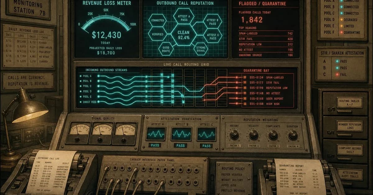 Retro telecom console: revenue-loss meter, cyan clean routes, coral-red quarantine bay.