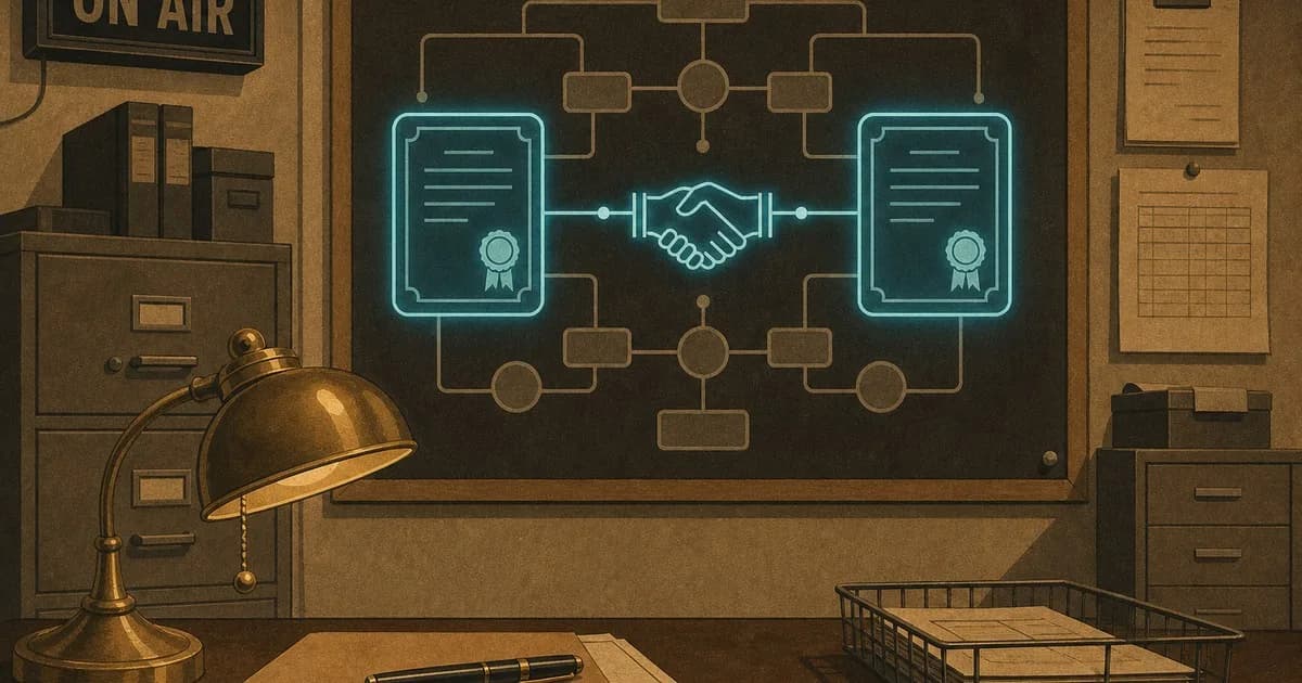 Two cyan certificate beacons handshaking across a network in a call-flow diagram