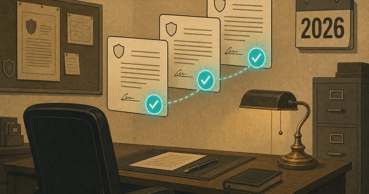 Executive at a desk with floating consent-form panels and cyan compliance checkmarks pulsing