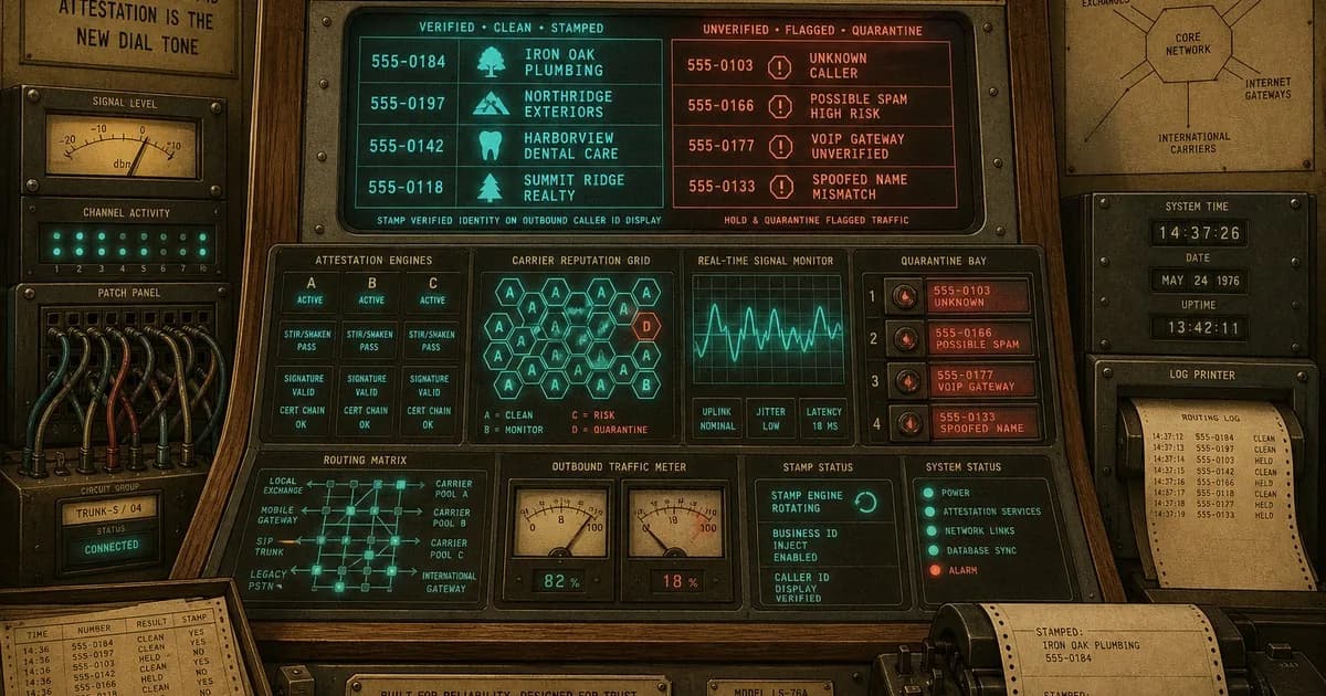 Vintage telecom console stamping a verified business name and logo onto cyan caller ID routes.