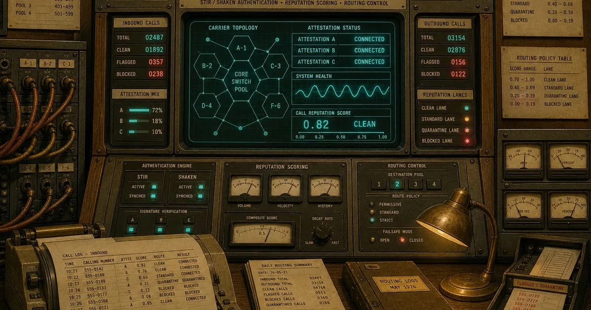 Retro telecom console scoring calls, cyan clean routes, coral flagged numbers.