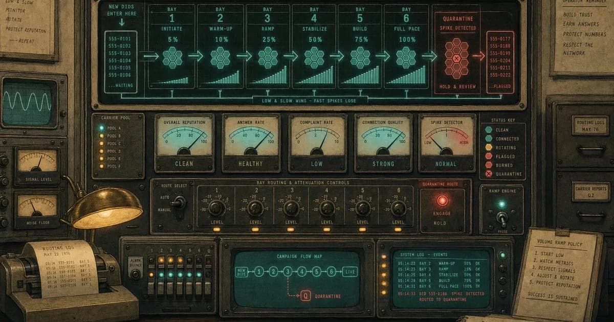 Telecom console warming new DIDs, clean cyan routes rising past flagged red ones.
