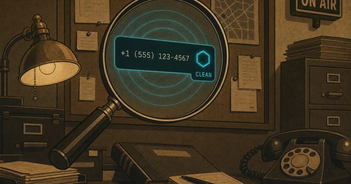 Operator examining a magnified phone-number tile glowing cyan with healthy reputation rings
