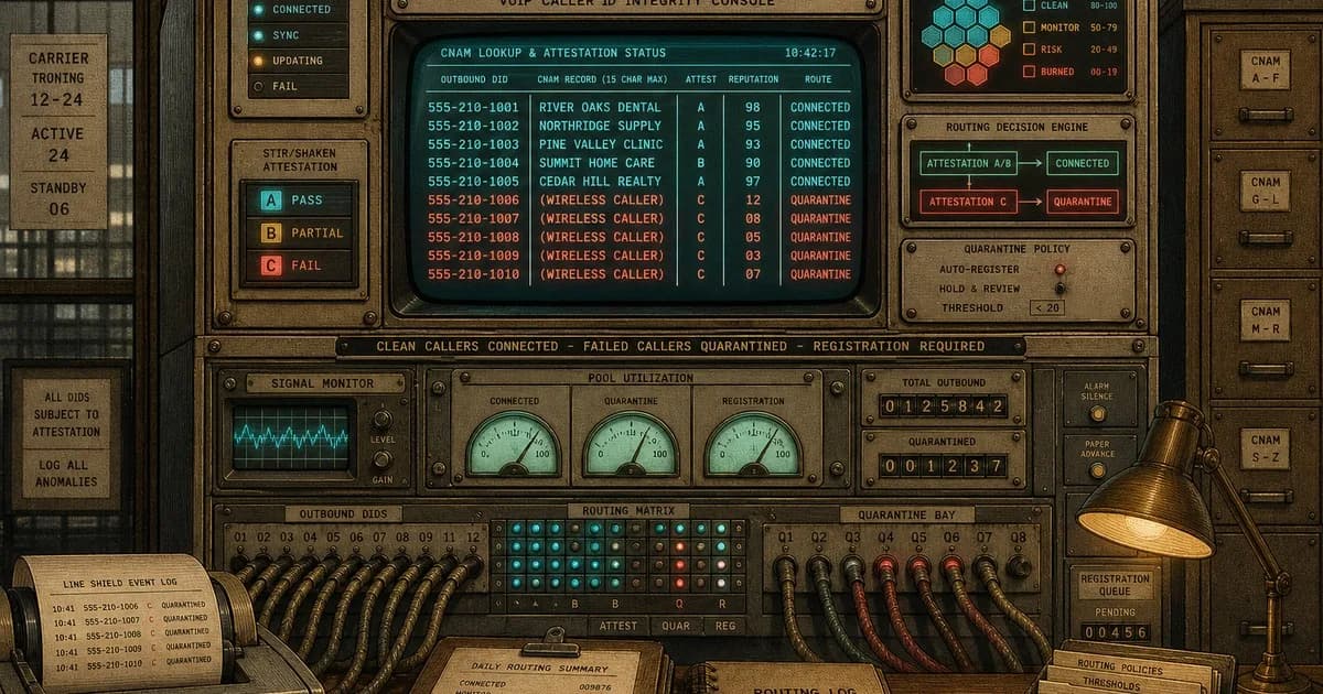 Vintage telecom console with a CNAM lookup ledger, cyan clean names, coral-red blank entries.