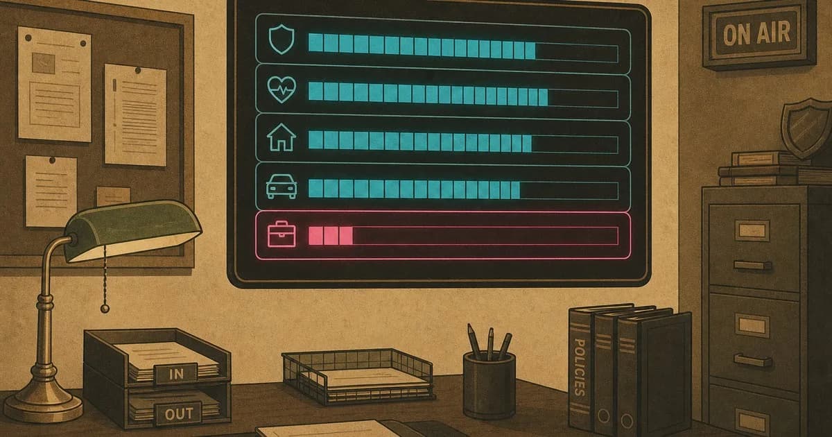 Profile silhouette of a manager at a leaderboard HUD showing insurance industry sitting at the bottom in magenta with other industries above in cyan