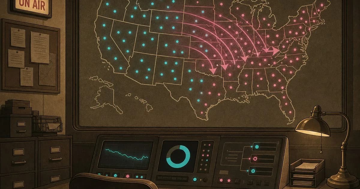 Operator watching a US map where local cyan dots get repainted with magenta spam labels