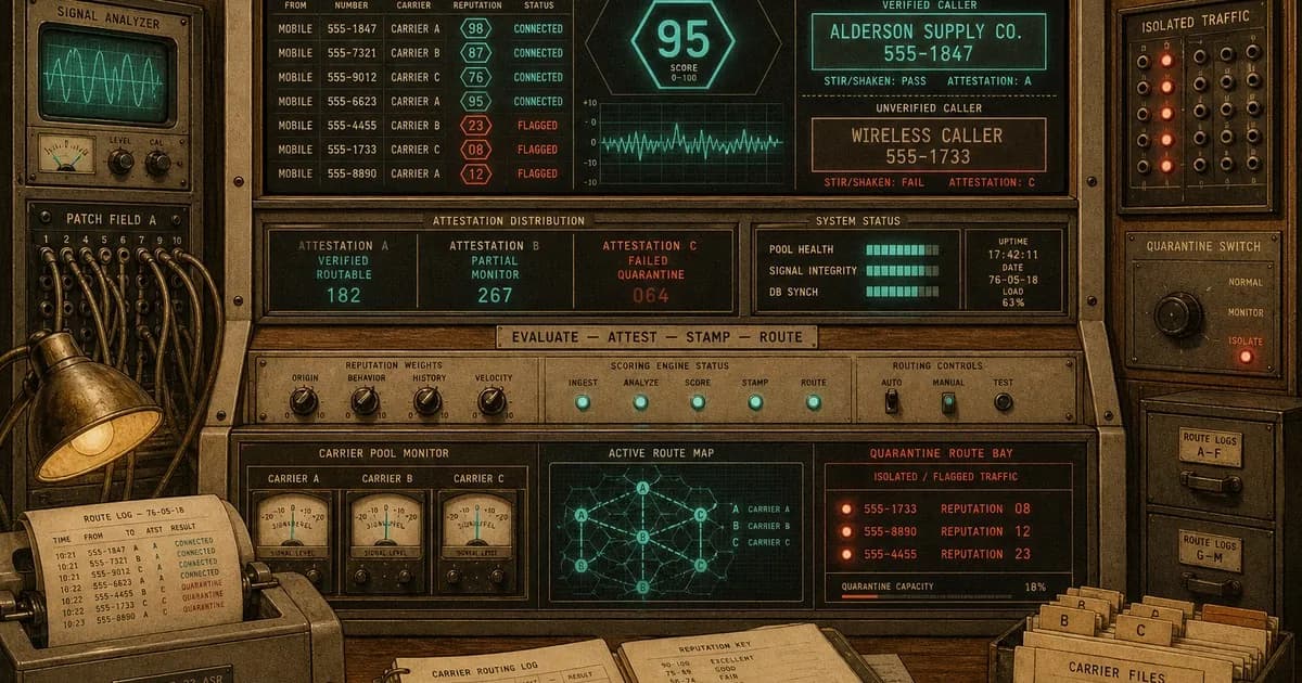 Vintage telecom console stamping cyan verified names and coral-red Wireless Caller placeholders.