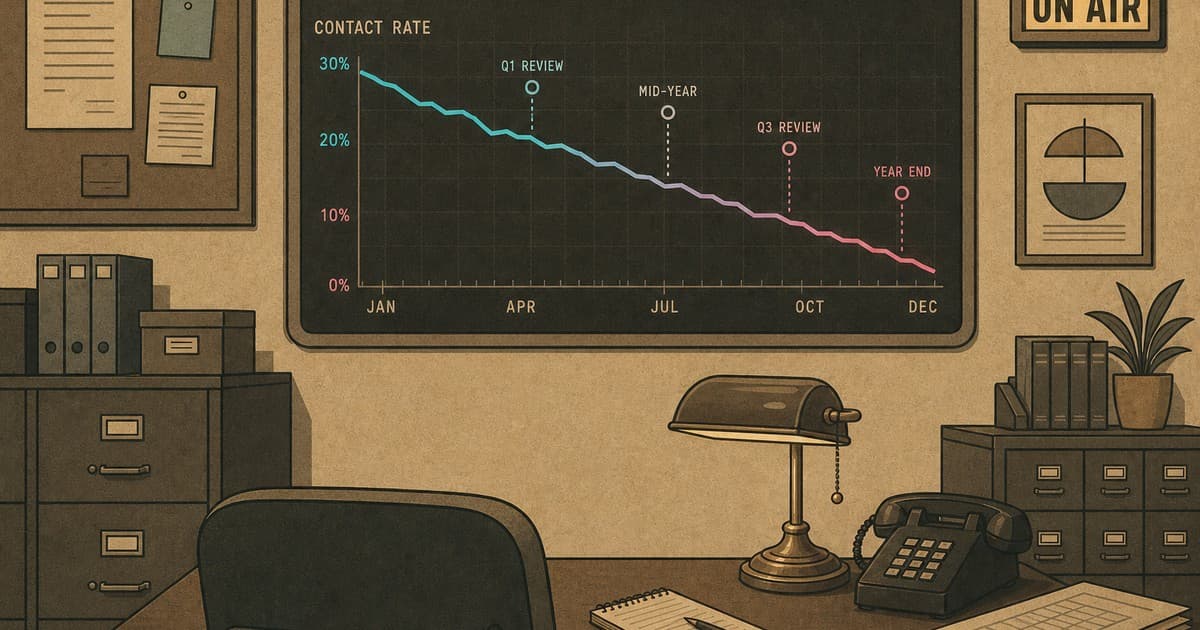 Analyst at a 2025 timeline graph where contact rates trend down from cyan to magenta