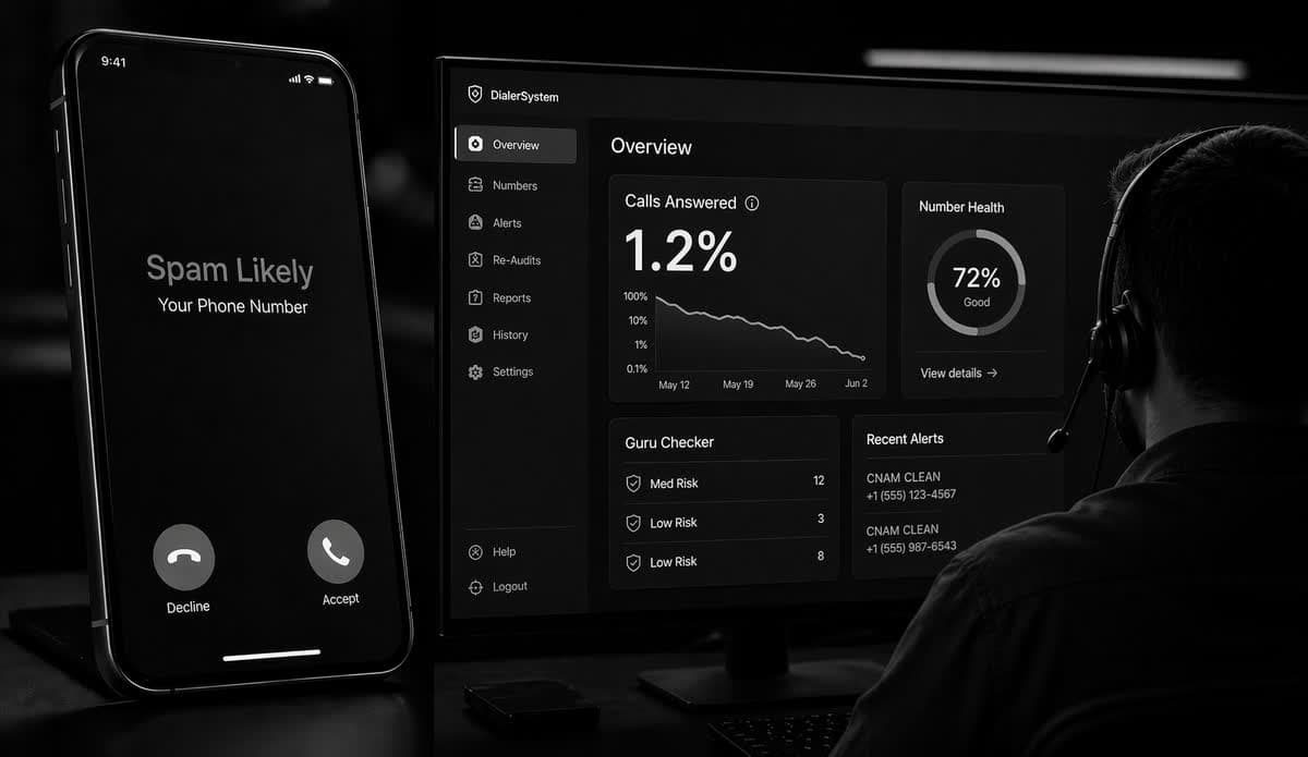Agent reviewing a LineShield dashboard that shows a 1.2% answer rate and 72% number-health score, while an incoming call on his phone is labeled Spam Likely