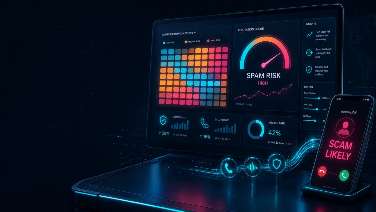 LineShield number-reputation dashboard showing a spam-risk gauge at HIGH, a heatmap of flagged numbers, and a 42% answer rate, next to a phone with an incoming call labeled SCAM LIKELY